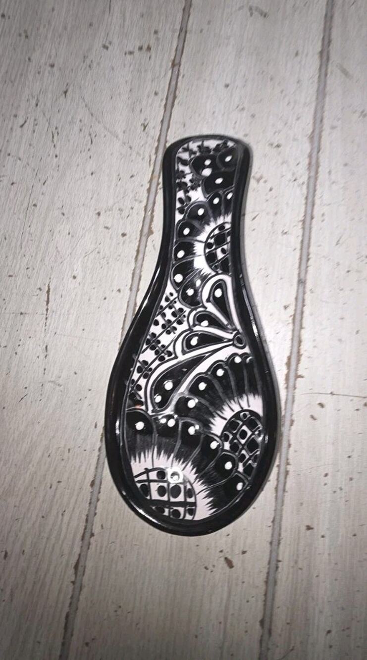 Vtg Talavera Pottery Mexican Spoon Rest Folk Art Black White Tribal Southwestern